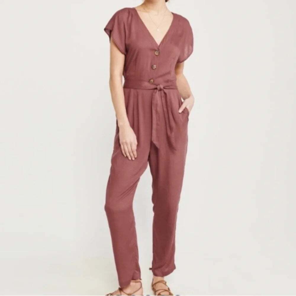 Abercrombie & Fitch V-Neck Button-Front Belted Jumpsuit Rust Maroon Medium